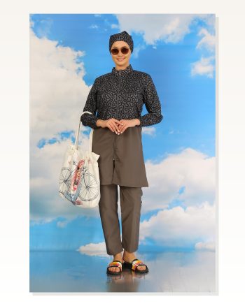 Moda Stripe Women’s Patterned Full Hijab Swimsuit With Trousers, Smoked 31074