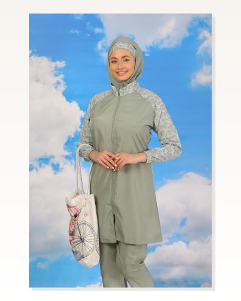 Moda Stripe Women’s Patterned Full Hijab Swimsuit With Trousers Water Green 31072