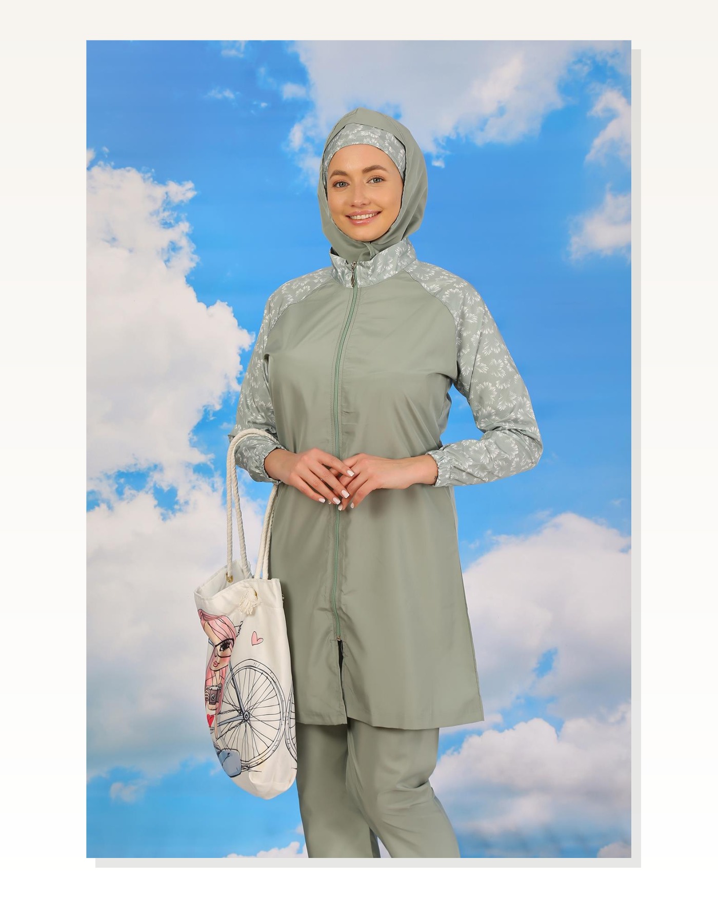 Moda Stripe Women's Patterned Full Hijab Swimsuit with Trousers Water Green 31072 Marketplace blank