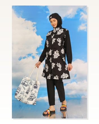 Moda Stripe Women's Trousered Patterned Full Hijab Swimsuit Black 31070