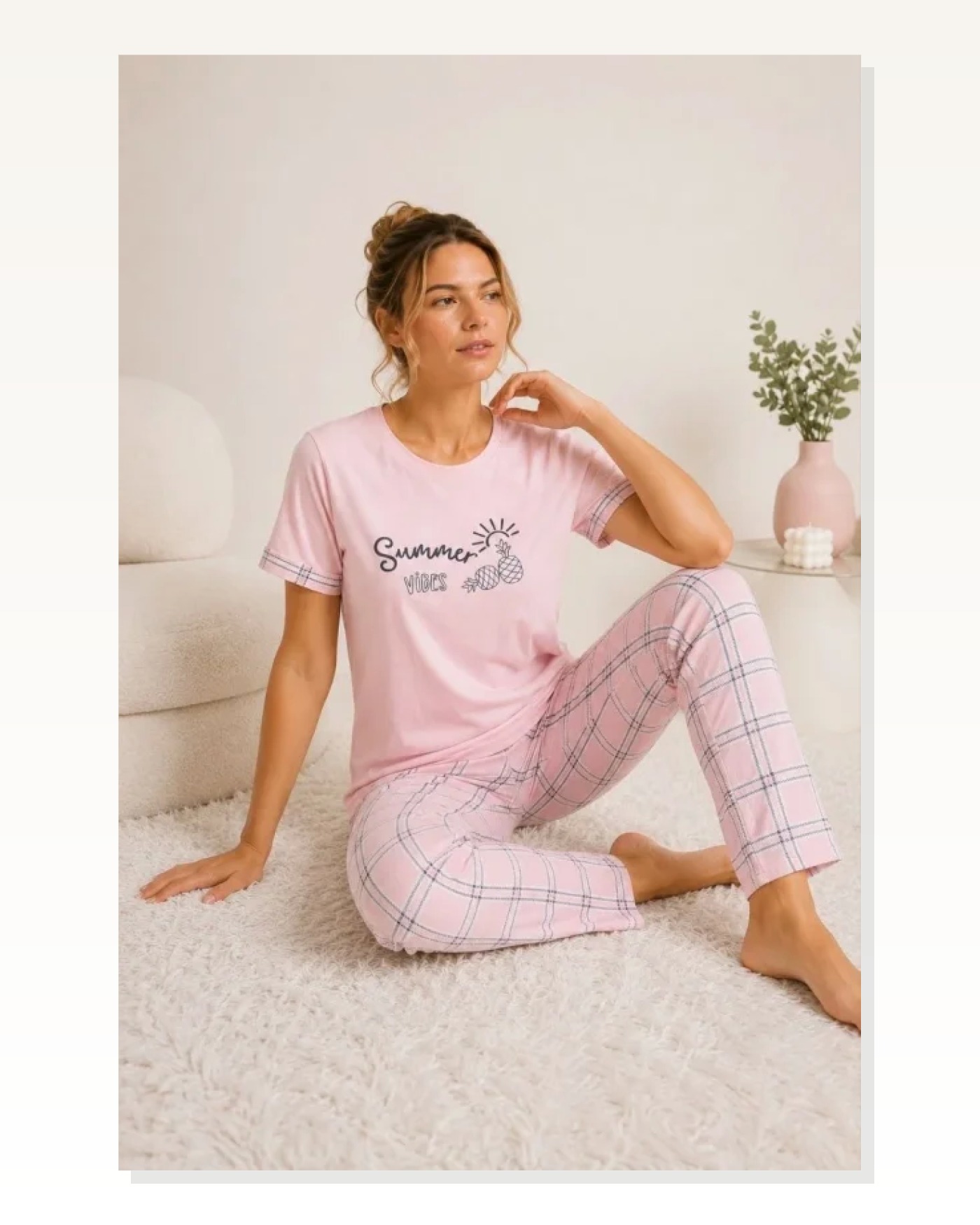Pamuklu Penye Summer Baskılı Kısa Kollu Pijama Takımı Ekose Desenli - Pembe Marketplace blank