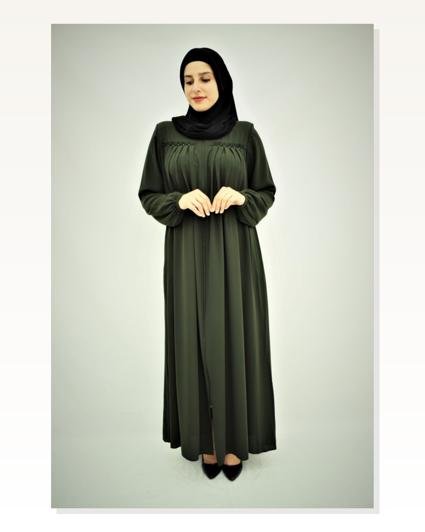 Pleated Stoned Abaya 2040 Khaki Marketplace blank