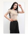Shirt Collar Striped Knitwear Blouse Beige