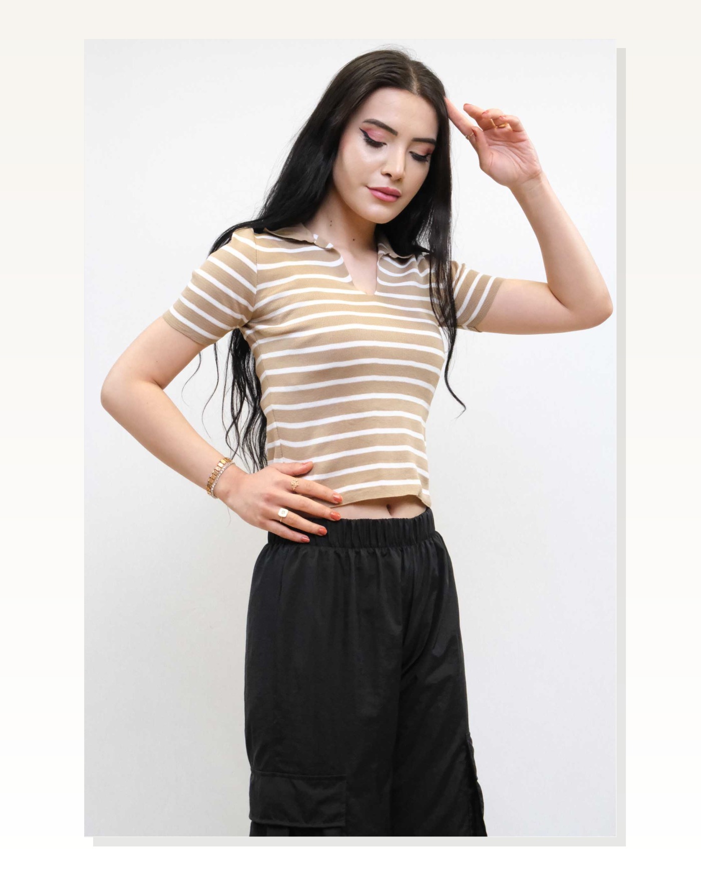 Shirt Collar Striped Knitwear Blouse Beige Marketplace blank