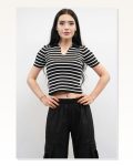 Shirt Collar Striped Knitwear Blouse Black