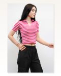 Shirt Collar Striped Knitwear Blouse Pink