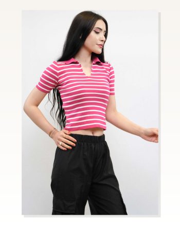 Shirt Collar Striped Knitwear Blouse Pink