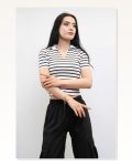Shirt Collar Striped Knitwear Blouse White