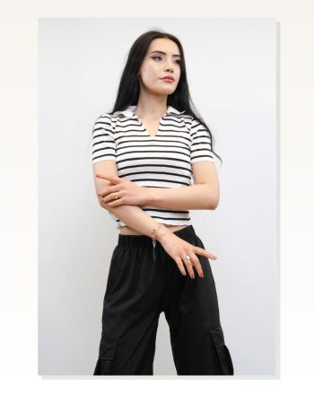 Shirt Collar Striped Knitwear Blouse White