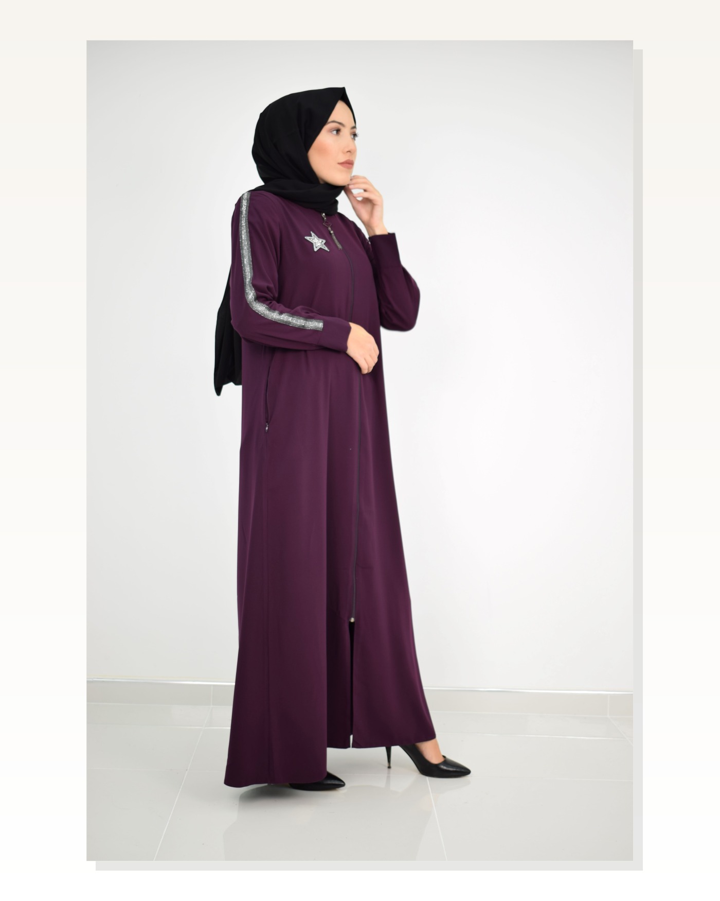 Star Crest Patterned Sleeve Striped Hijab Abaya Purple 2176 Marketplace blank
