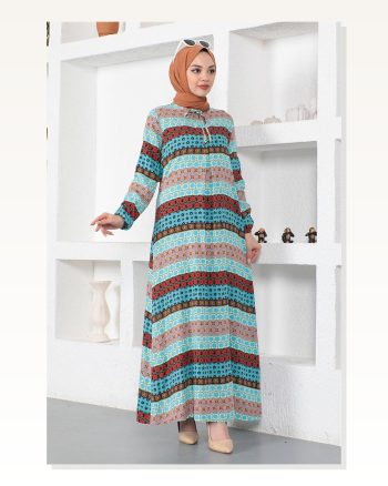 Yakası Bağcıklı Viskon Elbise Mavi