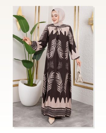 Yakası Bağlamalı Viskon Elbise Kahverengi