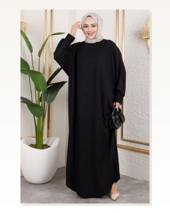 Yarasa Kollu Bürümcük Elbise Siyah