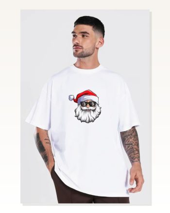 Yılbaşı Gözlüklü Noel Baba Baskılı Kısa Kollu Oversize Bisiklet Yaka T-shirt Beyaz
