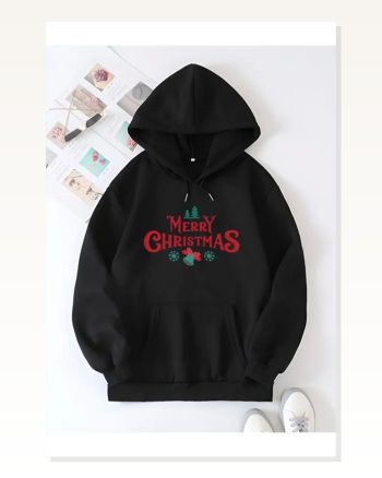 Yılbaşı Merry Christmas Baskılı Oversize Kapüşonlu Sweatshirt Hoodie Siyah