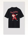 Yılbaşı Merry Christmas Noel Baba Baskılı Oversize Bisiklet Yaka T-shirt Siyah