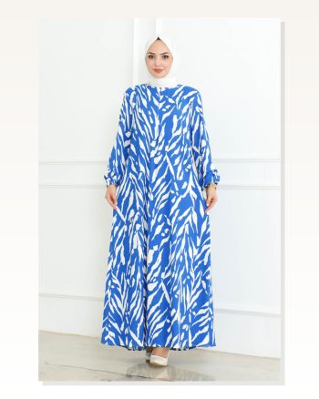 Zebra Desen Tesettür Elbise Mavi