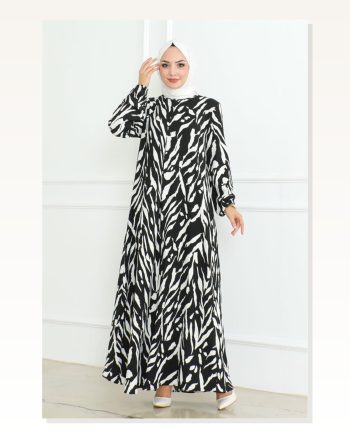 Zebra Desen Tesettür Elbise Siyah