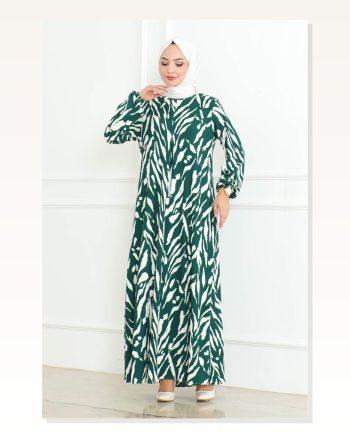 Zebra Desen Tesettür Elbise Yeşil